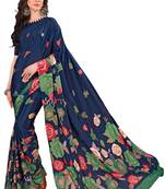 Blue printed crepe saree with blouse