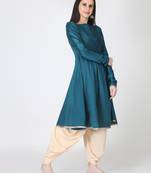 Teal-blue plain silk long-kurtis