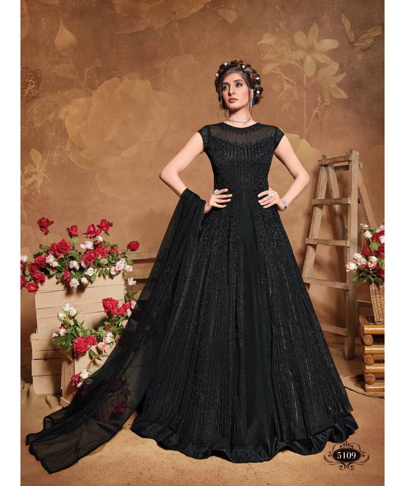 Black Net Embroidered Women Semi Stitched Heavy Long Gown