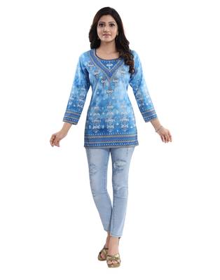 Blue printed crepe short-kurtis 1