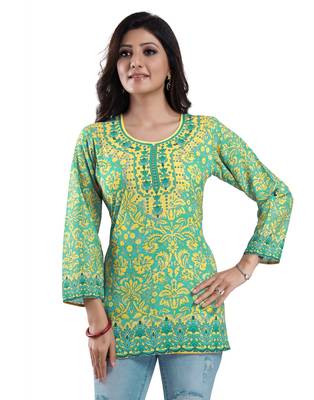 Green printed crepe short-kurtis 1