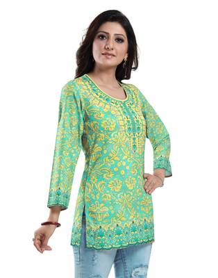 Green printed crepe short-kurtis 3