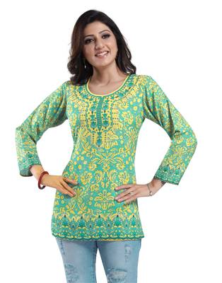 Green printed crepe short-kurtis 4