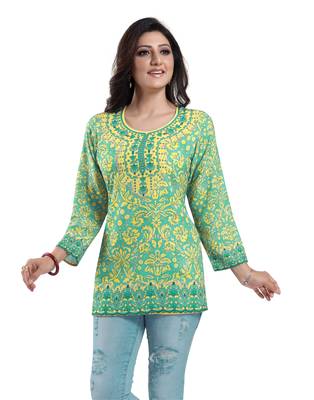 Green printed crepe short-kurtis 5