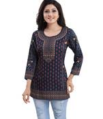 Blue printed crepe short-kurtis