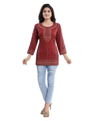 Red printed crepe short-kurtis 1
