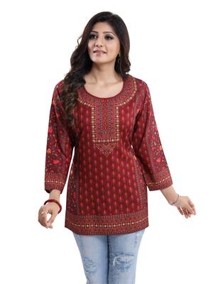 Red printed crepe short-kurtis 4