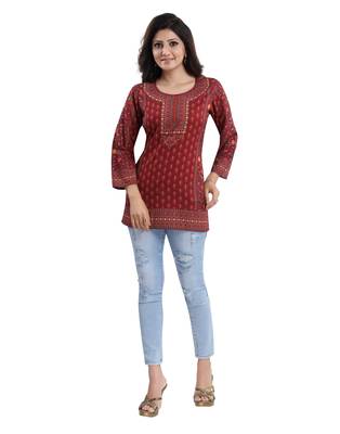 Red printed crepe short-kurtis 5