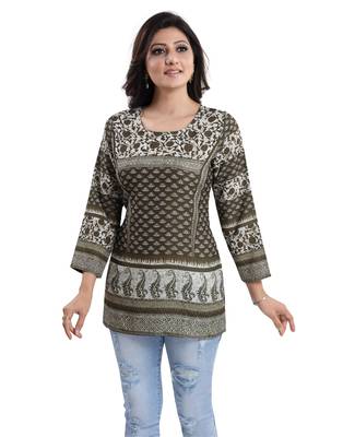 Green printed crepe short-kurtis 4