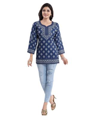 Blue printed crepe short-kurtis 1