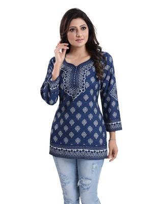Blue printed crepe short-kurtis 4