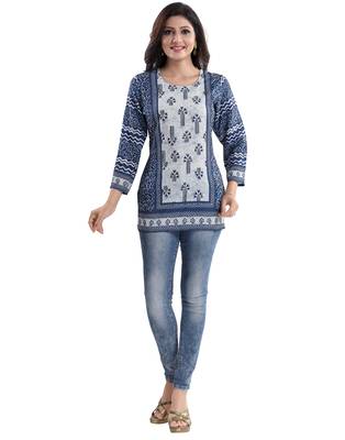 Blue printed crepe short-kurtis 1