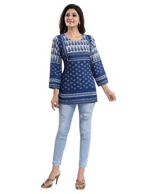 Blue printed crepe short-kurtis 1