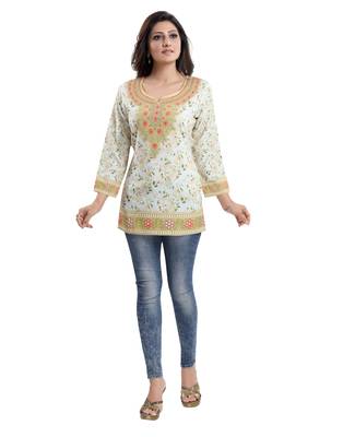 Cream printed crepe short-kurtis 1