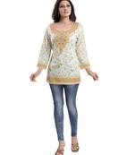 Cream printed crepe short-kurtis