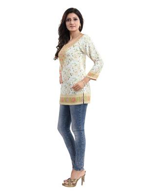 Cream printed crepe short-kurtis 3
