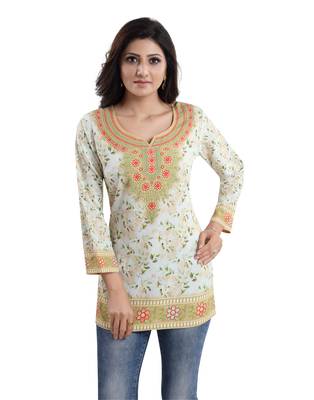 Cream printed crepe short-kurtis 4