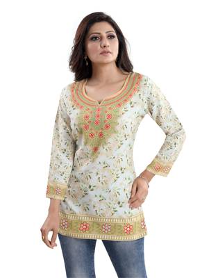 Cream printed crepe short-kurtis 5