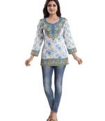 Cream printed crepe short-kurtis