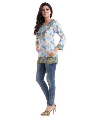 Cream printed crepe short-kurtis 3