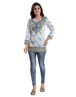 Cream printed crepe short-kurtis 4