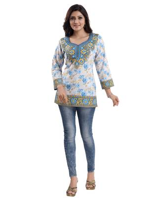 Cream printed crepe short-kurtis 5
