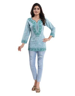 Green printed crepe short-kurtis 1