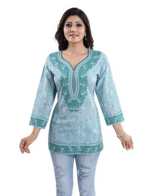 Green printed crepe short-kurtis 4