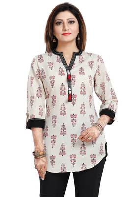 Cream printed cotton short-kurtis 1