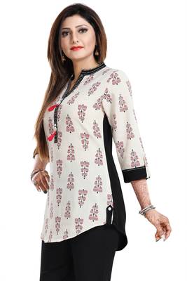 Cream printed cotton short-kurtis 3