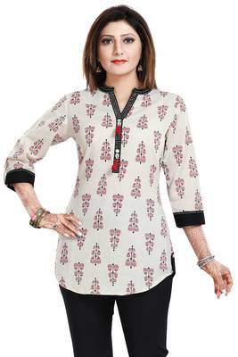 Cream printed cotton short-kurtis 4