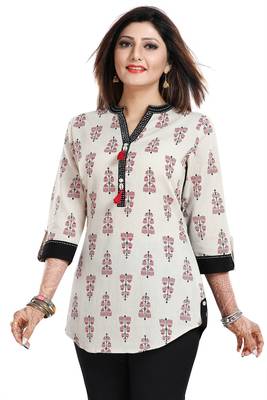 Cream printed cotton short-kurtis 5