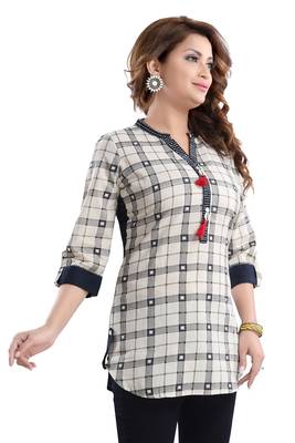 Cream printed cotton short-kurtis 3
