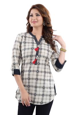 Cream printed cotton short-kurtis 4