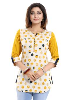 Cream printed cotton short-kurtis