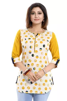 Cream printed cotton short-kurtis