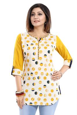 Cream printed cotton short-kurtis 3
