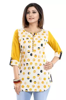 Cream printed cotton short-kurtis
