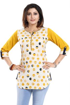 Cream printed cotton short-kurtis 4