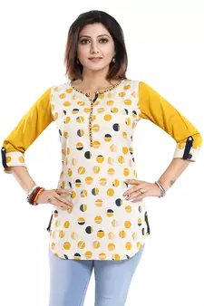 Cream printed cotton short-kurtis