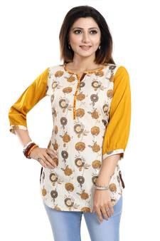 Cream printed cotton short-kurtis
