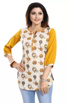 Cream printed cotton short-kurtis