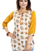 Cream printed cotton short-kurtis