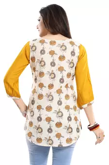 Cream printed cotton short-kurtis