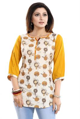 Cream printed cotton short-kurtis 3