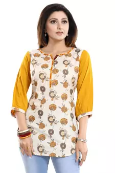 Cream printed cotton short-kurtis