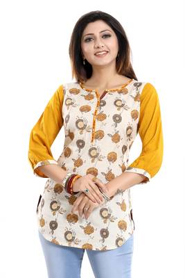 Cream printed cotton short-kurtis 4