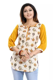 Cream printed cotton short-kurtis