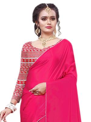 Pink plain chiffon saree with blouse 3