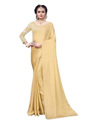 Beige plain chiffon saree with blouse 1